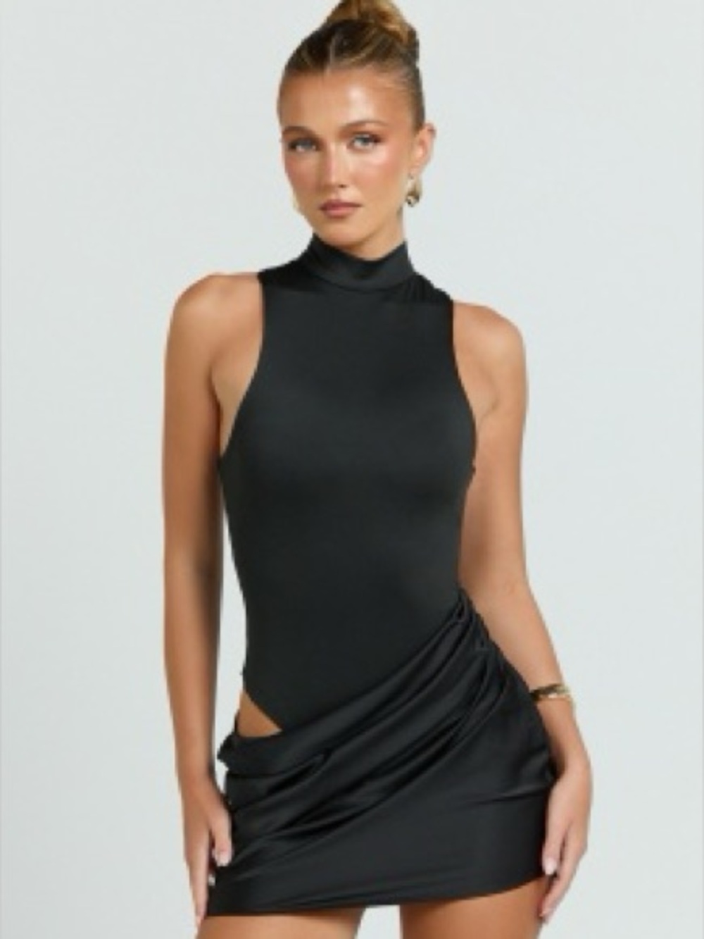 SHOWPO ELODIE MINI DRESS - SLEEVELESS DRESS OVERLAY SKIRT IN BLACK